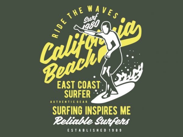 Ride the waves in california beach vector t-shirt design template