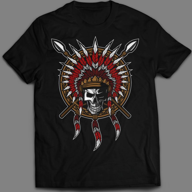 Native American Indian Feather headdress with Human Skull T-shirt ...