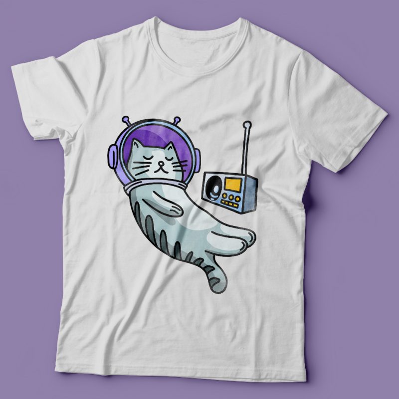 Sleeping cat in space with music. Vector t-shirt design t shirt designs for merch teespring and printful