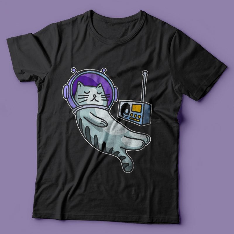 Sleeping cat in space with music. Vector t-shirt design t shirt designs for merch teespring and printful