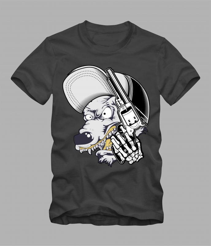 wolf wearing cap and holding gun commercial use t shirt designs