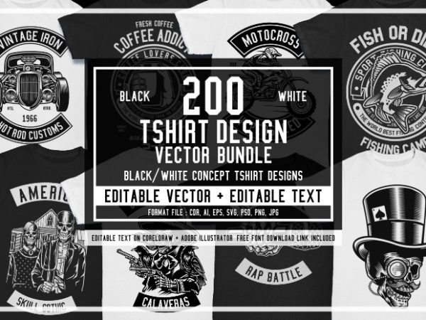 200 tshirt design bundle black and white concept #2