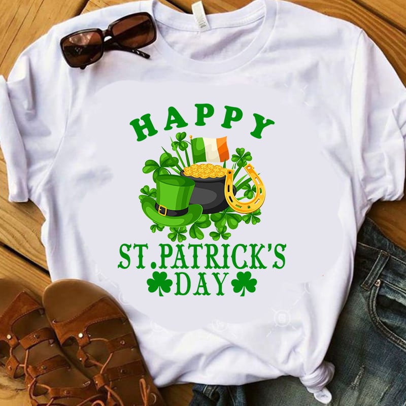 Irish Flag Happy St. Patrick's Day, horseshoe gold, holiday, funny, The mythical pot of gold, leprechaun hat EPS SVG PNG DXF digital download t-shirt design