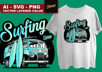 Surfing time t-shirt design for commercial use