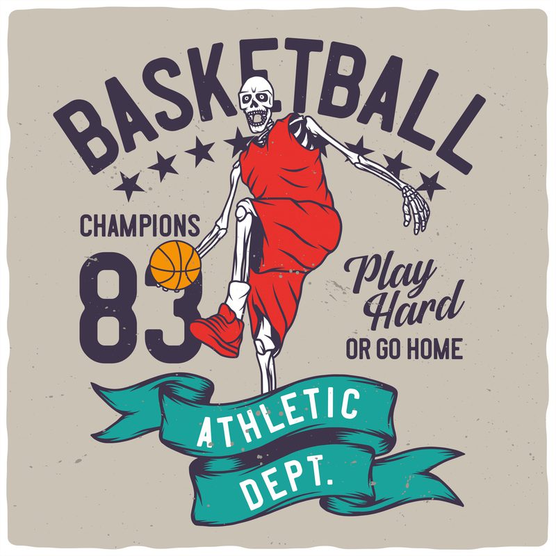 Skeleton Holding A Basketball Vintage T Shirt Design Template