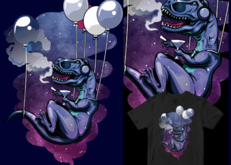 into the sky with balloons funny t-rex graphic t-shirt design