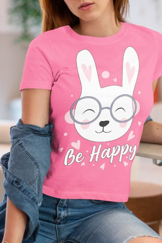 Be Happy Cute Cat Wearing Glasses Cartoon T-Shirt Design