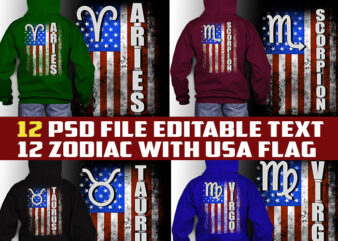 12 zodiac birthday WITH amercan flag bundle tshirt design psd file editable text and layer zodiac#10 UPDATE