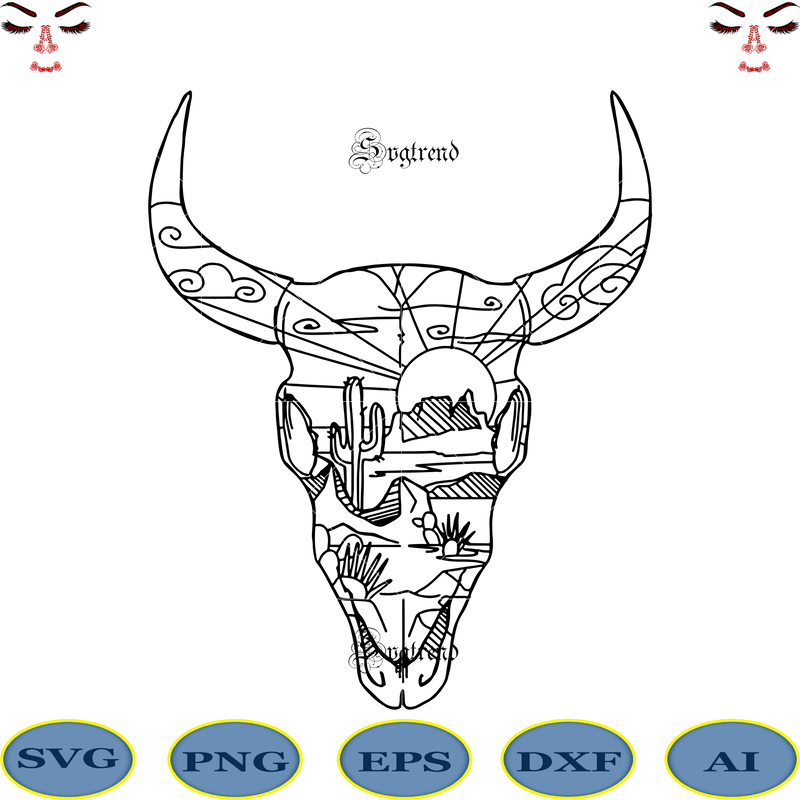 Download Cow head tattoo pattern vector, Desert Scene Steer Skull Svg, Skull Cow Face Svg, Desert Scene ...