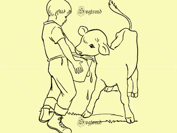 Farm work svg, farm work vector, farm work logo, cow svg, baby vector, feeding a calf svg, boy beside the cow svg, coloring page and kids activity sheet
