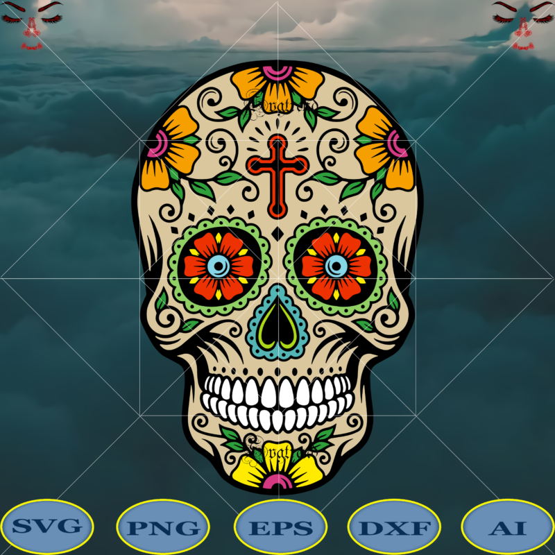 Sugar Skull With Flowers Colorful PNG 