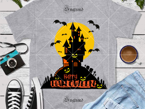 Haunted castle and bat in halloween costume festival vector, hallowe’en vector, all hallowe’en logo, all hallows’ eve svg, all saints’ eve vector, day of the dead vector, happy halloween cut