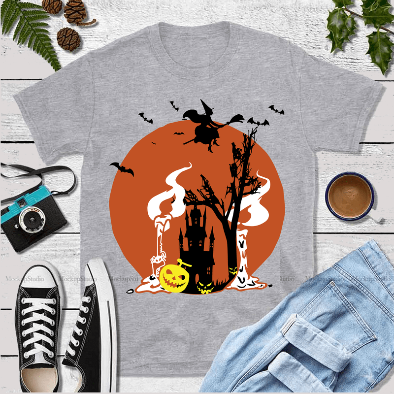 Halloween horror and creepy t-shirt design with full moon silhouettes ...