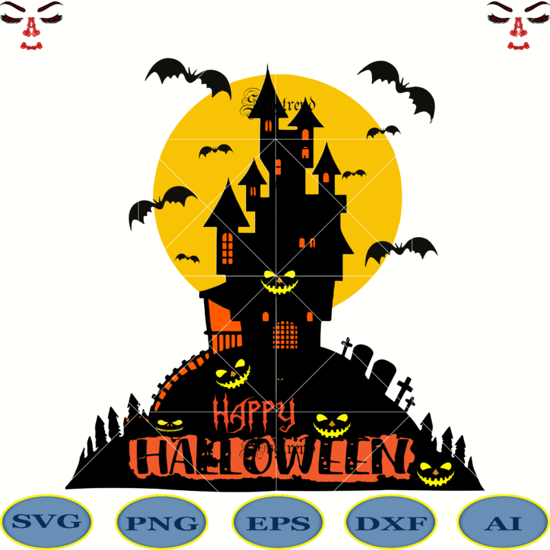 Haunted castle and bat in Halloween costume festival vector, Hallowe'en vector, All Hallowe'en logo, All Hallows' Eve Svg, All Saints' Eve vector, Day of the dead vector, Happy Halloween Cut