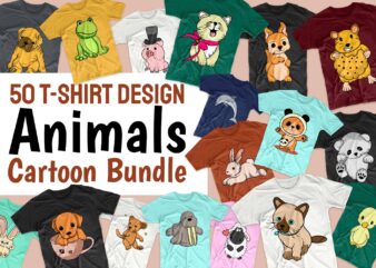 50 Animals Bundle T-shirt Designs Bundle, Cute Animal Illustration, Vector Cartoon bundle