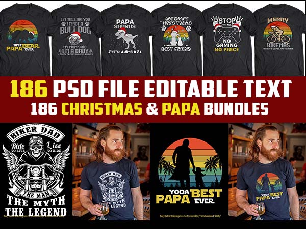 Free 186 christmas template and papa/father bundles tshirt design psd file editable text png transparent