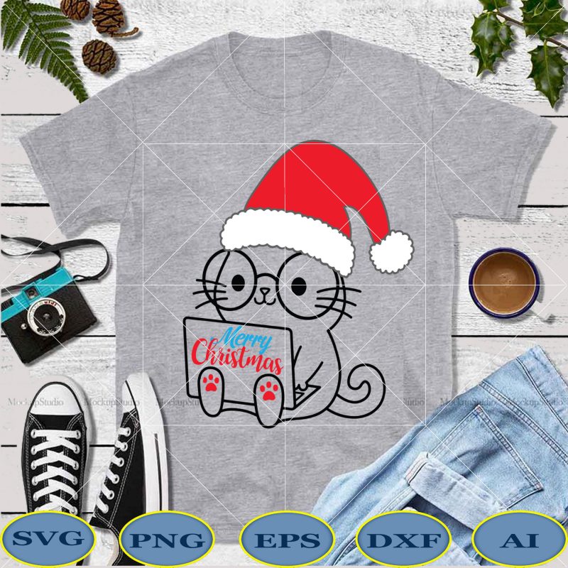 Christmas Cat Nerd vector, Christmas Kitten Svg, Christmas Cat Svg, Christmas Cat Nerd Svg, Christmas Kitten vector, Kitten Svg, Kitten vector, Cat Svg, Cat vector, Cat Nerd Svg Png Dxf