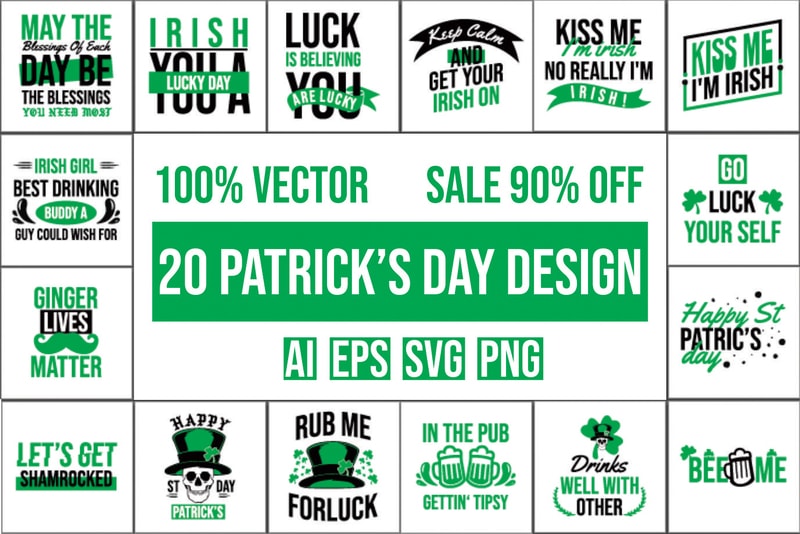 Free 20 st. patrick’s day, irish design bundle 100% vector ai, eps, svg, png,