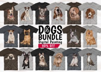 Dogs T shirt Designs Bundle Realistic Digital Painting. Funny Dog Png Collection T-shirt Design. Cute Pug, Canine, Husky, and more