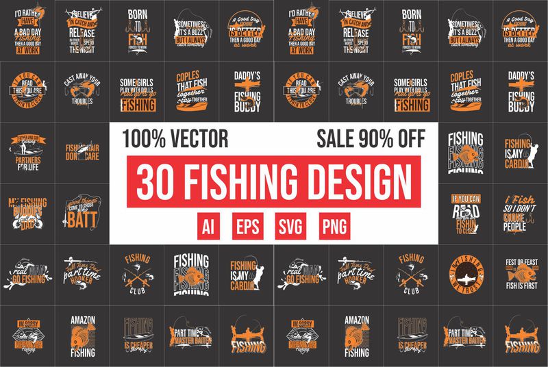 Free 30 fishing design bundle 100% vector ai, eps, svg, png transparent background