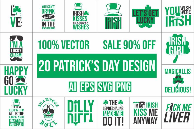 Free 20 st. patrick’s day, irish design bundle 100% vector ai, eps, svg, png,