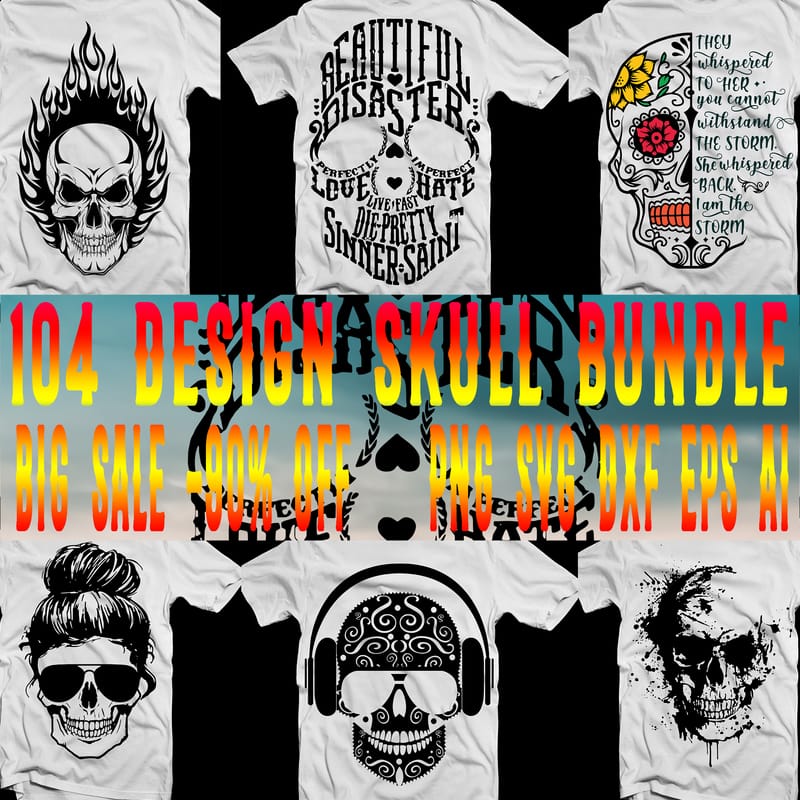 104 Skull bundles t shirt design vector, 104 Bundles Skull, Bundle ...