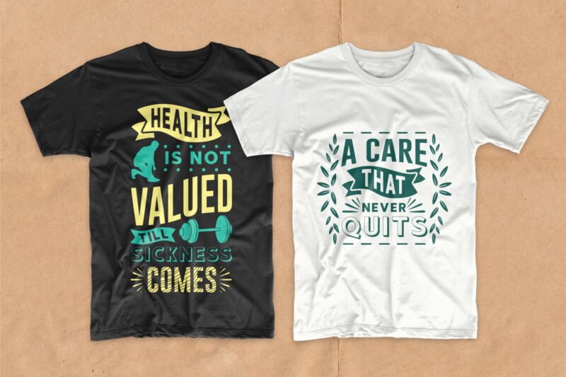 Healthy life quotes t-shirt design bundle vector. Health care quote t shirt designs pack collection