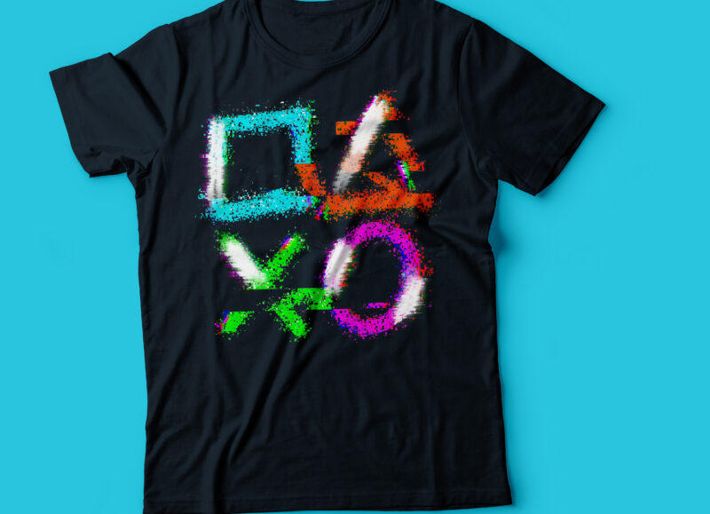 gaming glitch neon graphic tee template design