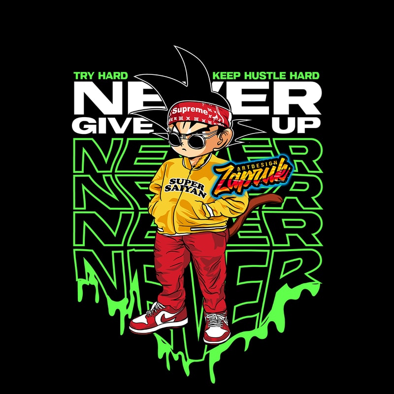 Free Custom vector dope goku hustle never give up – editable t-shirt design