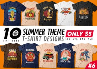 Summer theme t-shirt design bundle, Camping t shirt design collection, Beach and paradise t shirt design vector pack #6, Summer t shirt design mini bundle