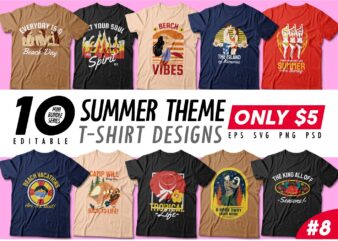 Summer theme t-shirt design bundle, Beach t shirt design collection, Camping and paradise t shirt design vector pack #8, Summer t shirt design mini bundle