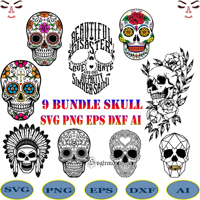 Skull SVG 9 Bundle, Bundle Skull, Skull Bundle, Skull Svg, Sugar Skull ...