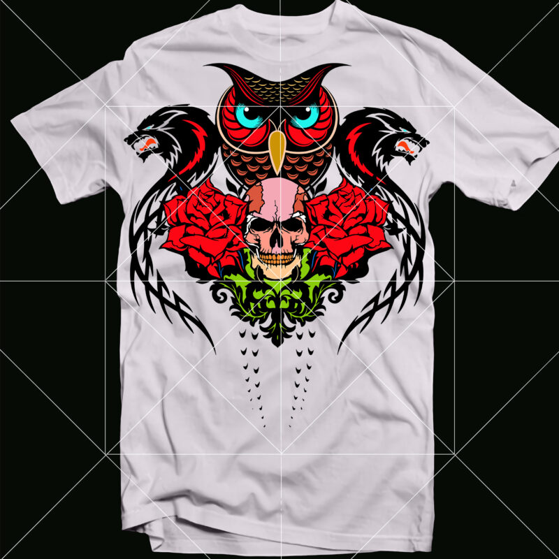 Owl and skulls with Roses tattoo art, Skull owl with roses Svg, Owl and skulls roses t shirt design