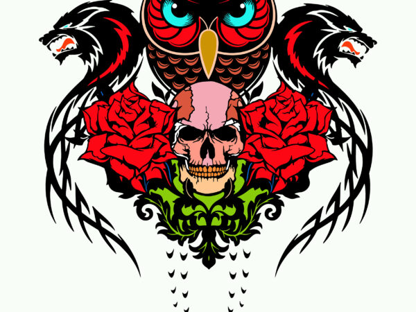 Owl and skulls with roses tattoo art, skull owl with roses svg, owl and skulls roses t shirt design