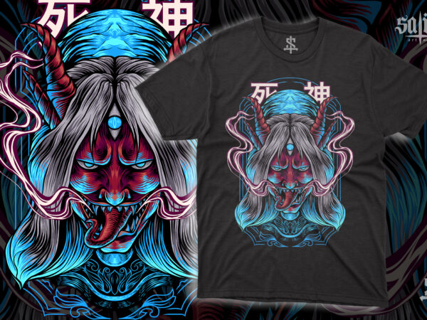 The oni mask japanese illustration t shirt designs for sale