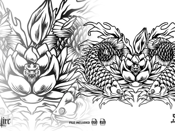 Arowana fish and lotus flowers silhouette t shirt vector