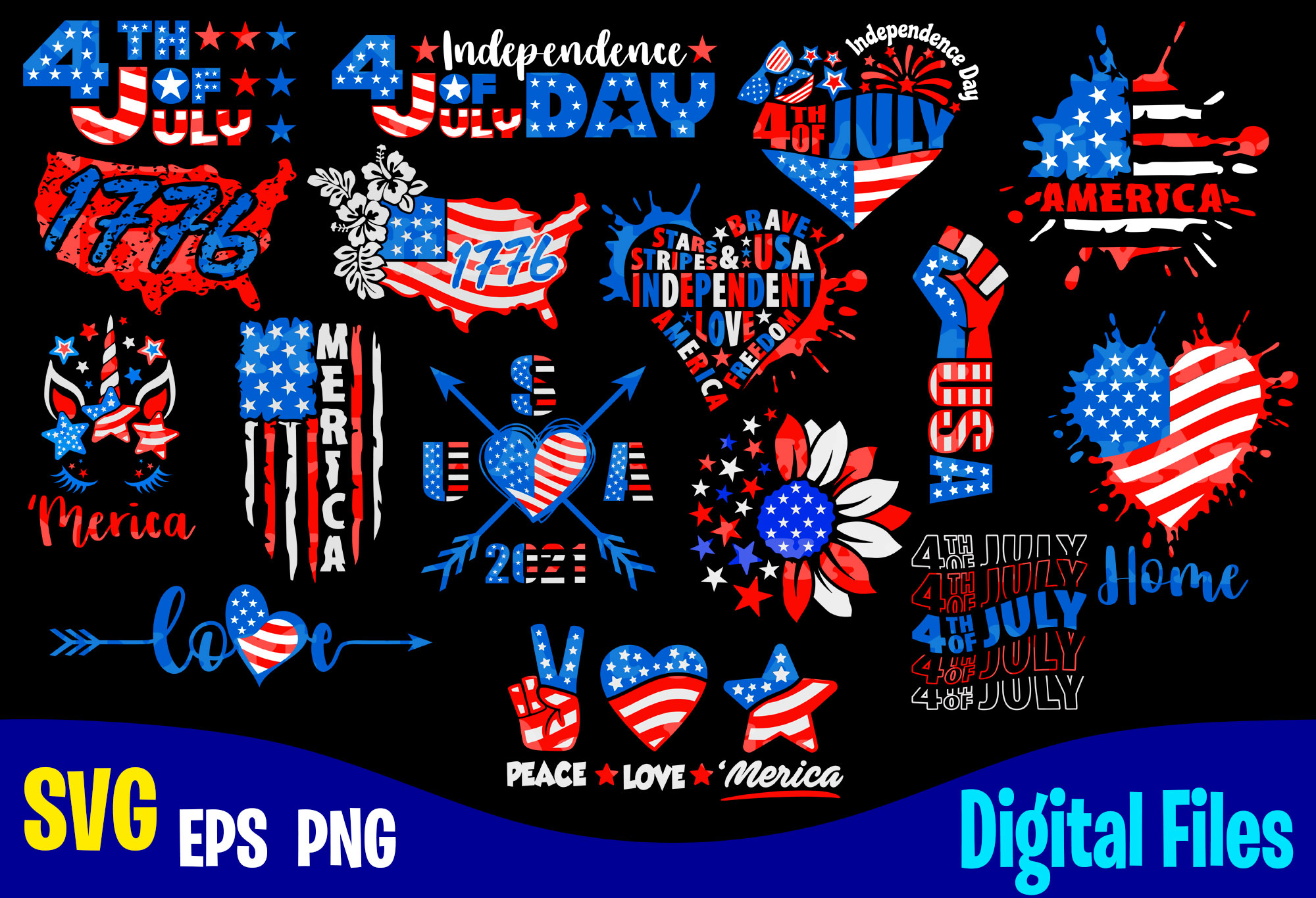 16 designs bundle, 4th of July Independence day for print on dark, USA ...