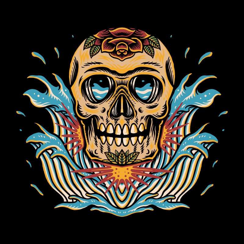 Skull and wave traditional t-shirt design - Buy t-shirt designs