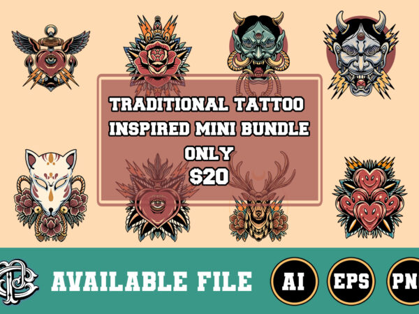 Traditional tattoo inspired mini bundle t shirt designs for sale