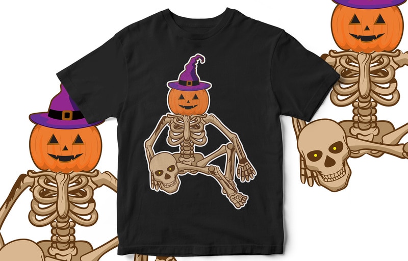 Halloween T-Shirt Design, Skeleton, Horror, Funny, Pumpkin, Skull ...