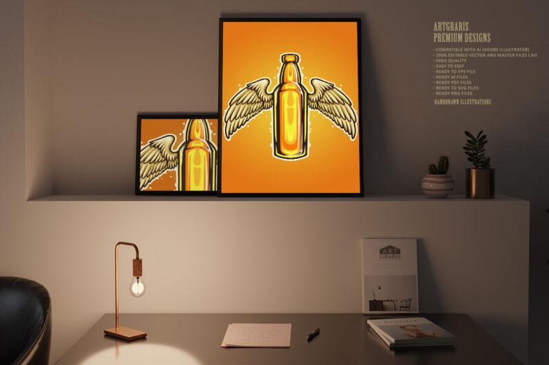 Bottle Beer Wings Mascot Illustrations