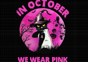 In October We Wear Pink Cat, Breast Cancer Awareness png, Pink Cancer Warrior png, Pink Ribbon, Halloween Pumpkin, Pink Ribbon Png, Autumn Png t shirt design for sale