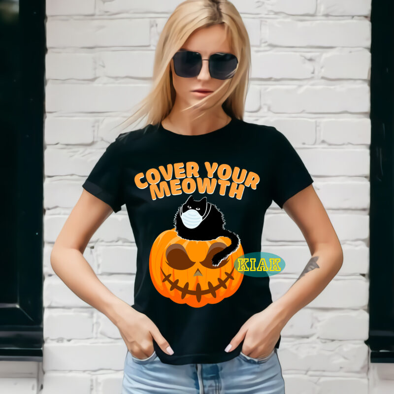 Cover Your Meowth Black Cat tshirt design, Cover Your Meowth Mask Svg, Black Cat and Pumpkin Halloween Svg, Cat, Kitten, Halloween Tshirt Design, Halloween, Devil vector illustration, Halloween Death, Pumpkin