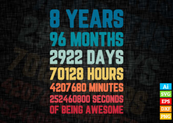 8 Years 96 Months of Being Awesome 8th Birthday vintage editable vector ...