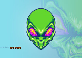 Green Alien Head Angry Mascot t shirt design template