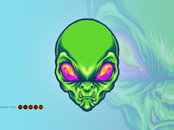 Green alien head angry mascot t shirt design template