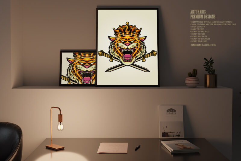 Angry King Tiger Sword Logo Illustrations