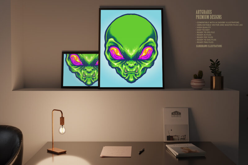 Green Alien Head Angry Mascot