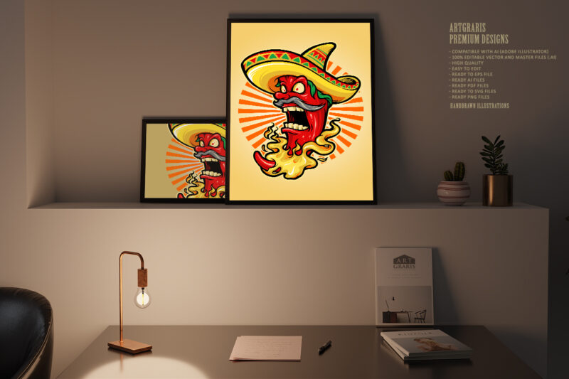 Mexican Red Hot Chili Pepper with Hat Mascot Logo