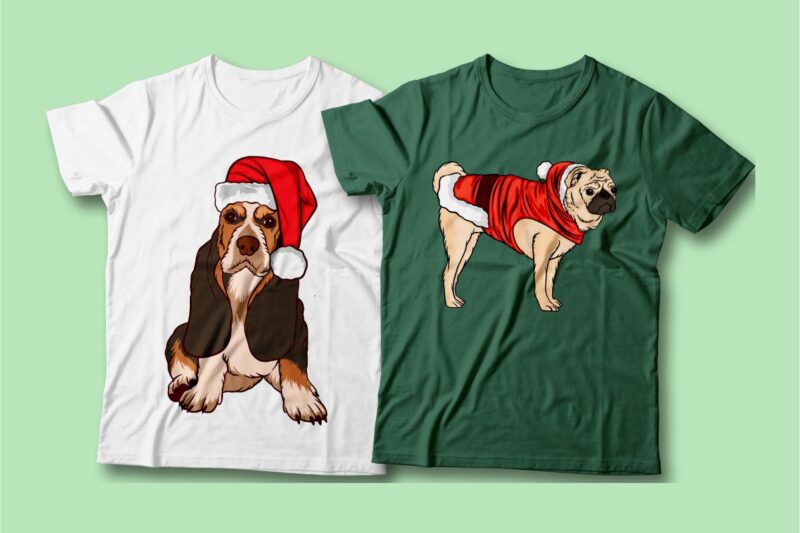 Santa dog vector cartoon bundle, Christmas dog t-shirt designs sublimation bundle, Dog wearing Christmas costume